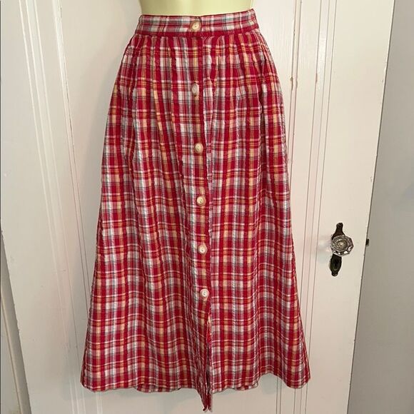 Vtg 80s Red, Yellow, White & Green Plaid Madras Cloth Button Front Full Skirt - Picture 1 of 6